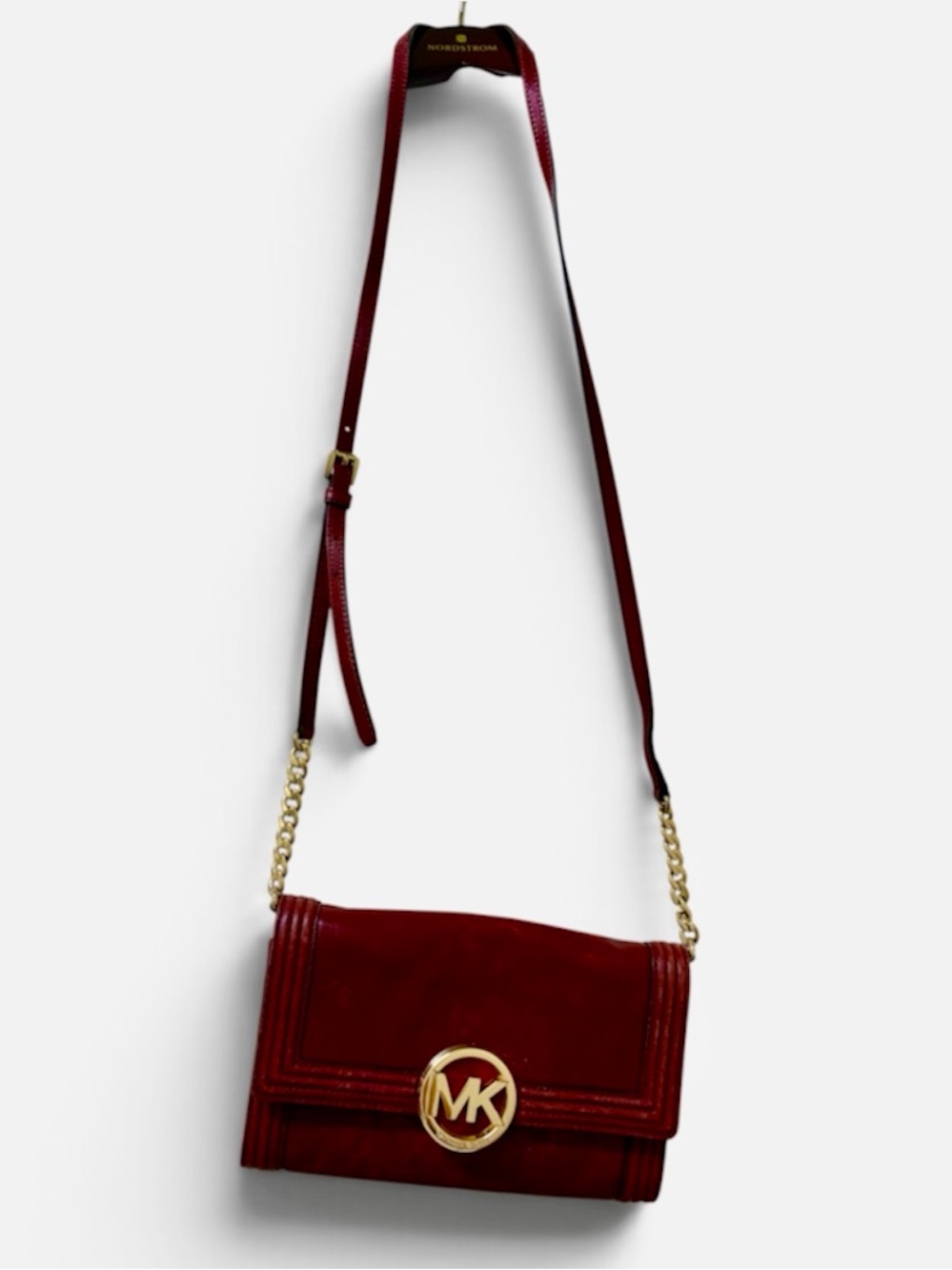 Michael Kors Fulton Burgundy Genuine Leather Flap Crossbody Bag